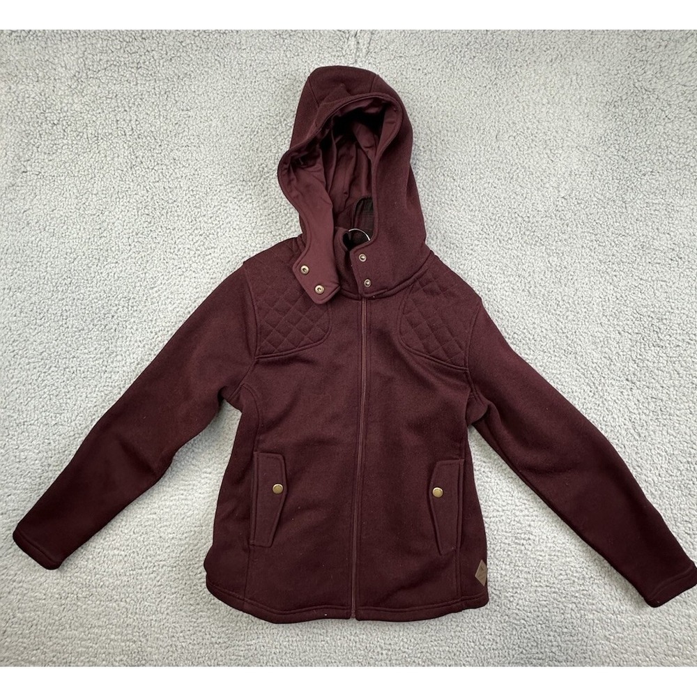 Eddie Bauer Hooded Fleece Jacket Womens Large Burgundy Padded Elbows Zip Up